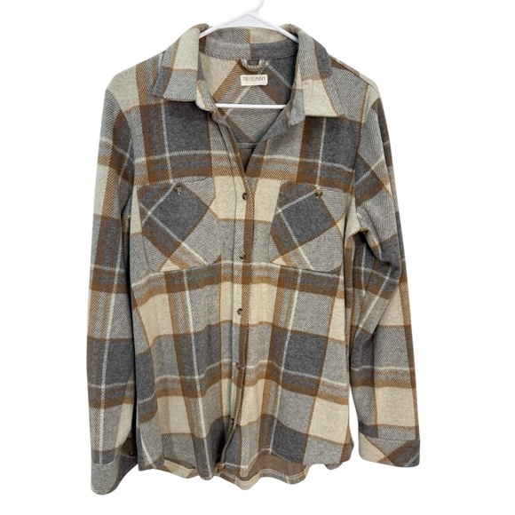 78 & Sunny Plaid Button Front Shirt Shacket Neutral Flannel Oversized L - Picture 4 of 6